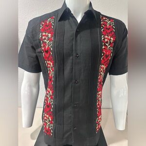 Traditional Mexican Guayabera Short Sleeve - Black Fabric Red & Gold Embroidery